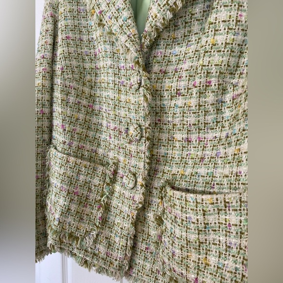 I C E Multicolor Tweed Green and Pink Fringe Blazer - Picture 2 of 8